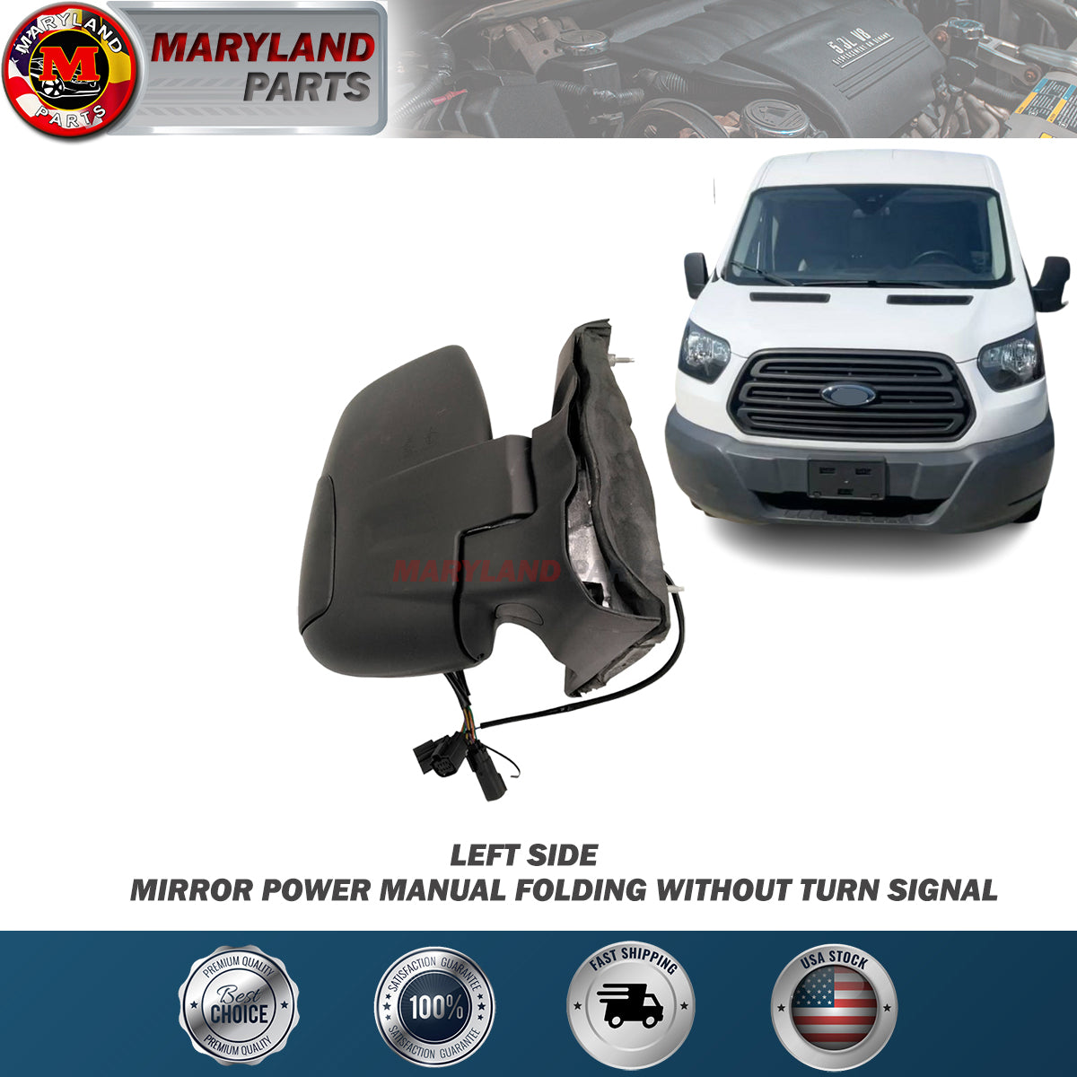 Passenger Side Power Door Mirror For Ford Transit 2015-2022 - Right Side, Manual Fold, Black