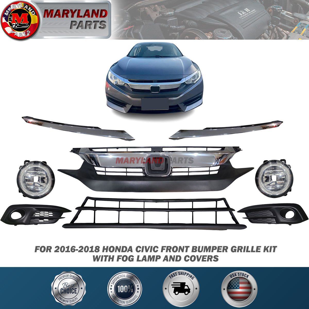 Front Upper Grille With Chrome Eyelid Molding For 2016-2018 Honda Civic Sedan – Black Mesh, Easy Install