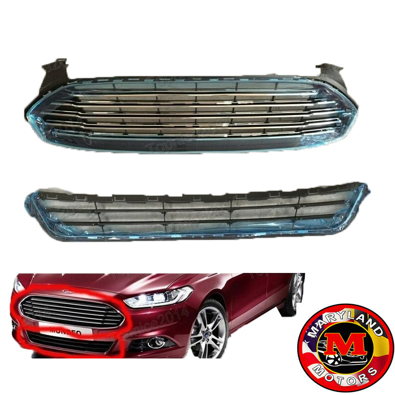 For 2013-2016 Ford Fusion Chrome Upper & Lower Front Radiator Grille Kit