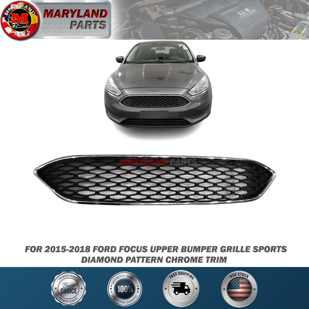 For 2015-2018 Ford Focus Upper Bumper Grille Sports Diamond Pattern Chrome Trim