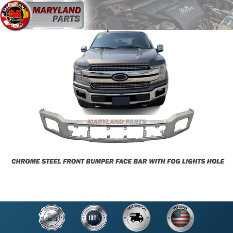 For 2018-2020 Ford F150 Chrome Steel Front Bumper Face Bar with Fog Lights Hole