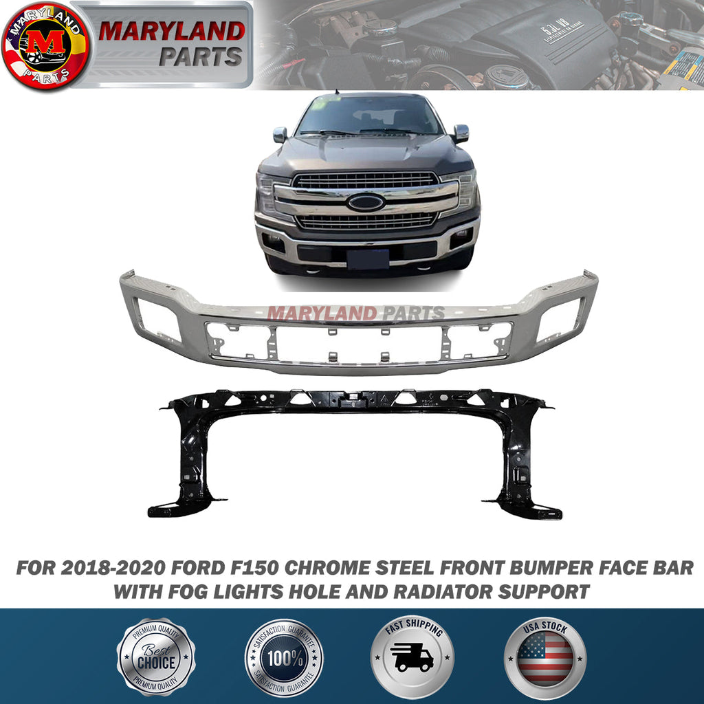For 2018-2020 Ford F150 Chrome Steel Front Bumper Face Bar with Radiator Support
