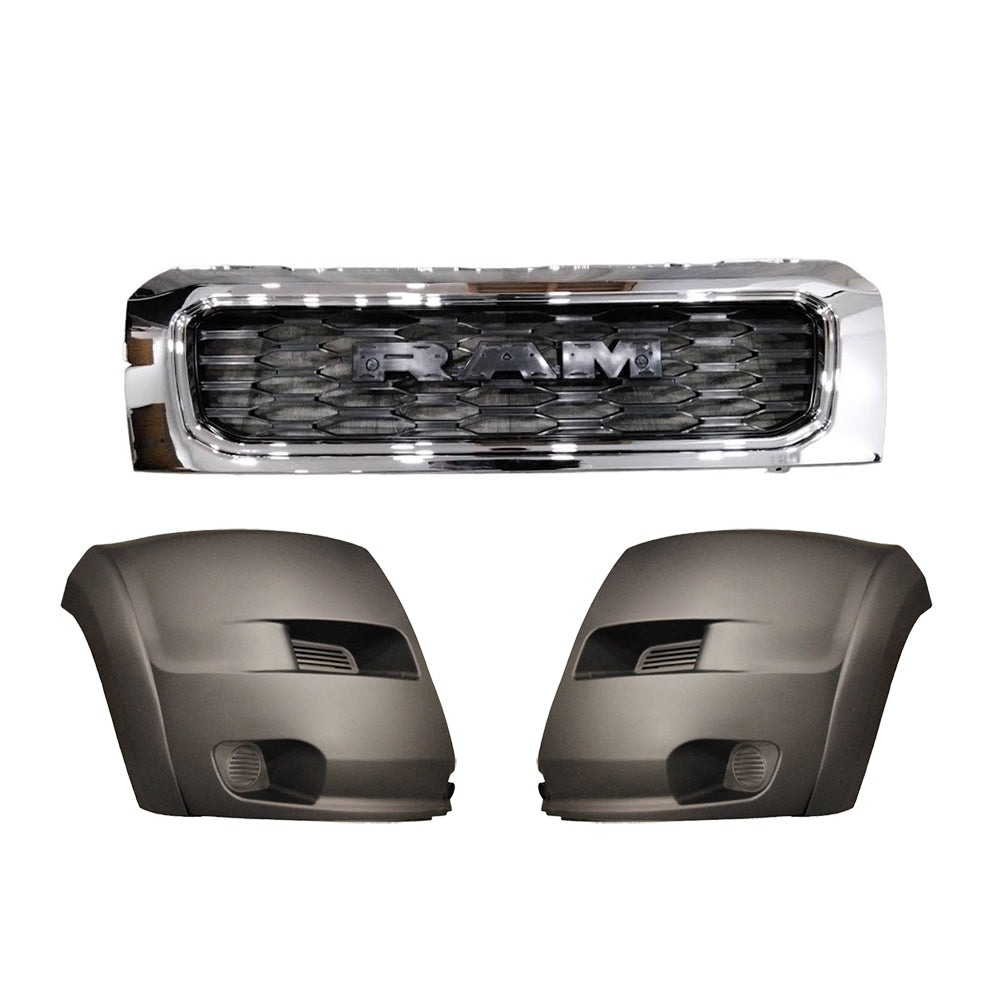 For 2019-2022 RAM Promaster Front Bumper Grille Chrome + Corner Covers