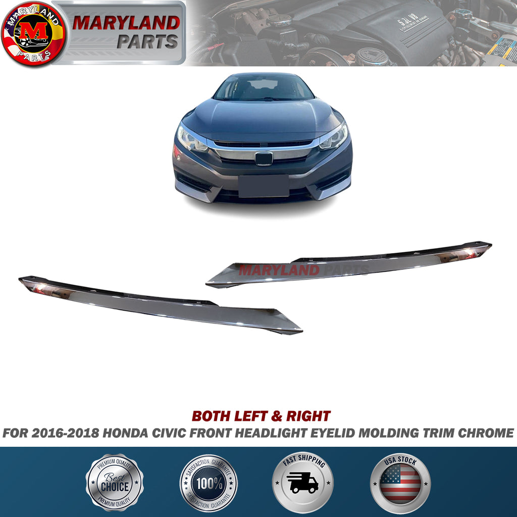 For 2016-2018 Honda Civic Left & Right Front Headlight Eyelid Molding Trim Chrome