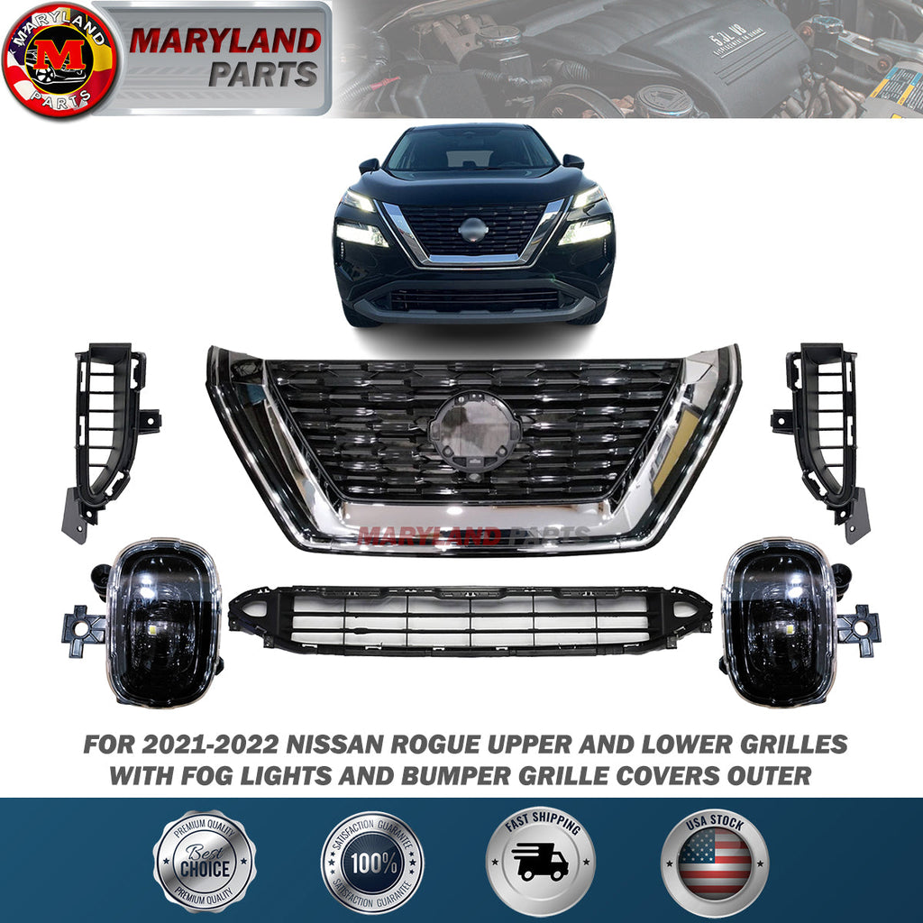 For 2021-2022 Nissan Rogue Upper and Lower Grilles with Fog Lights and Covers