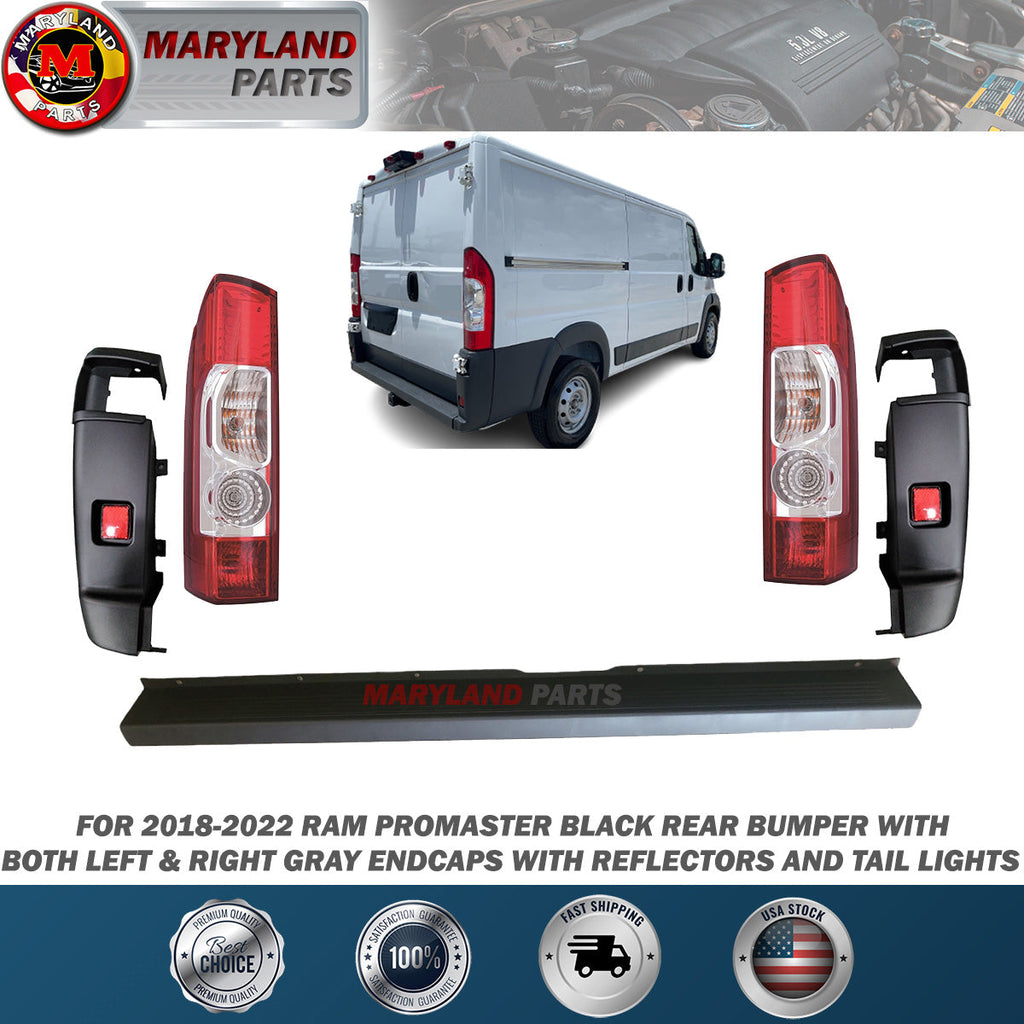 For 2018-2022 RAM Promaster Black Rear Bumper with Endcaps with Reflectors