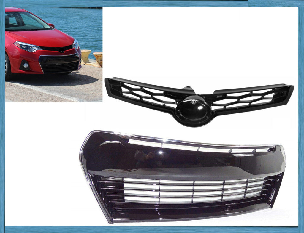 For 2014-2016 Toyota Corolla S Front Bumper Lower Upper Grille Grill Chrome Trim