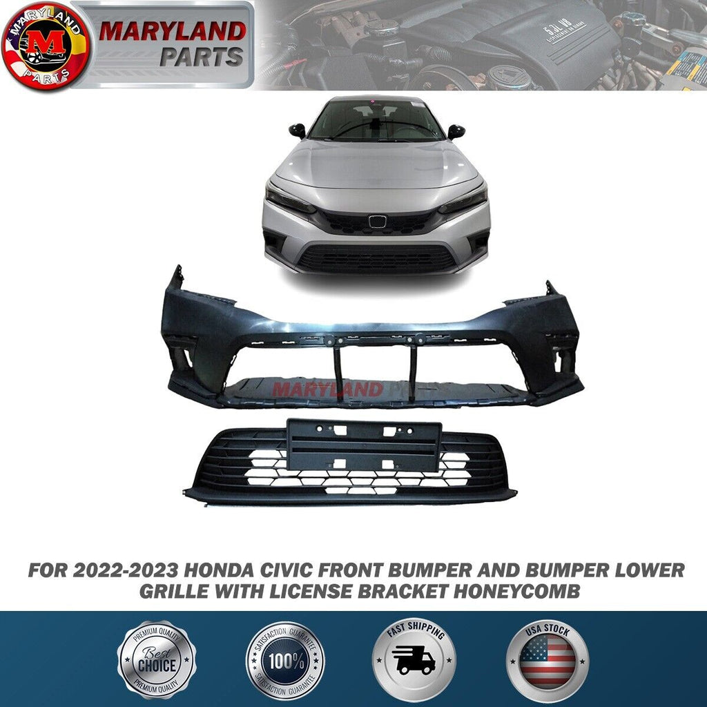 For 2022-2023 Honda Civic Front Bumper and Lower Grille with License Bracket